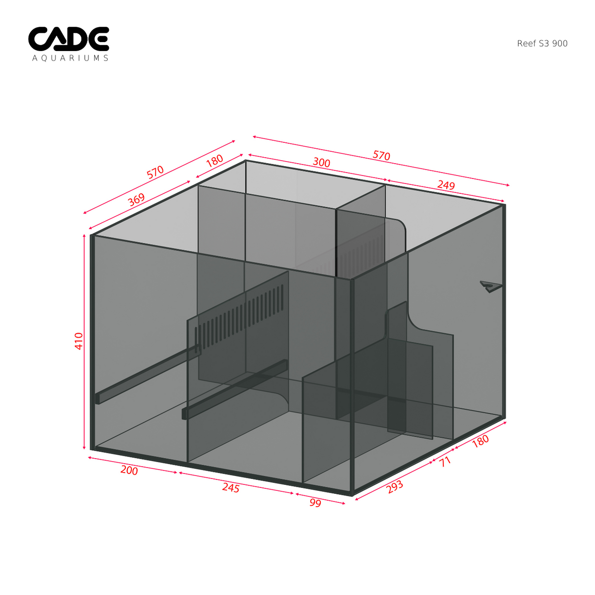 3D diagram of an aquarium with dimensions labeled, featuring the CADE Aquaria logo.