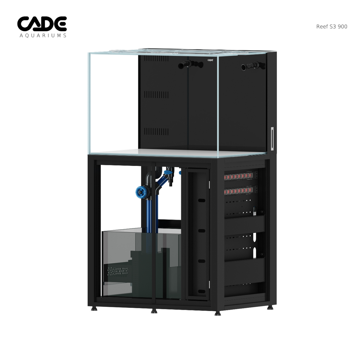 Aquarium with black frame and clear front panel on a white background, featuring the CADE Aquarius brand.