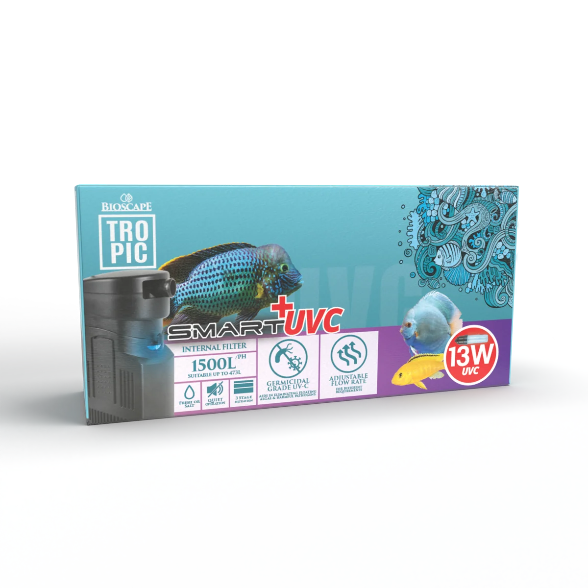 A retail box for a Bisscale Tropic UVC Intelligent Filter 1500L, 13W, shown on a clean white background with a soft shadow. The packaging features a light blue and purple design with illustrations of tropical fish and a depiction of the black filter unit.