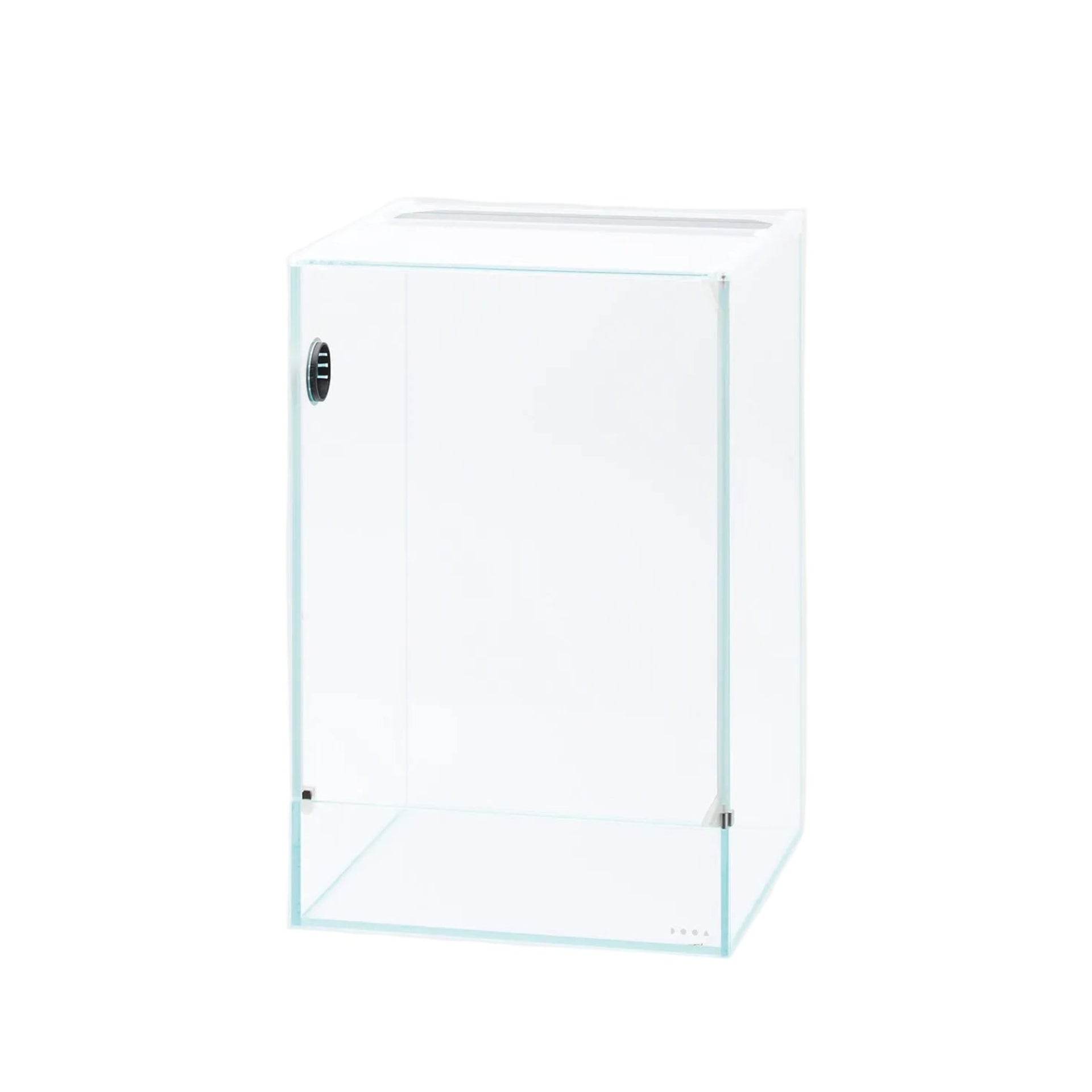 A clear glass paludarium tank with a sliding glass top, designed for growing tropical rainforest plants.