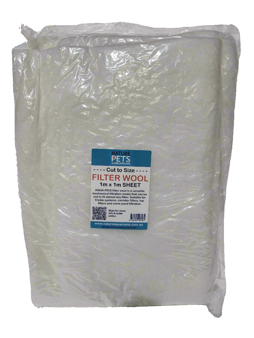 Packaged filter wool for aquarium use, labeled as 'NATURE PETS Cut to Size Filter Wool' in clear plastic packaging with a blue and white label.