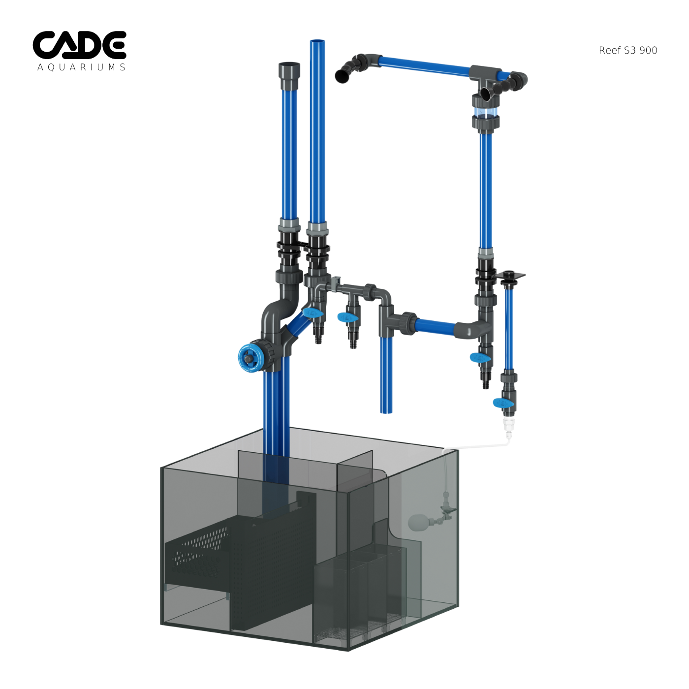 Aquarium filtration system with blue and black pipes on a white background, featuring the CADE Aquaria brand.