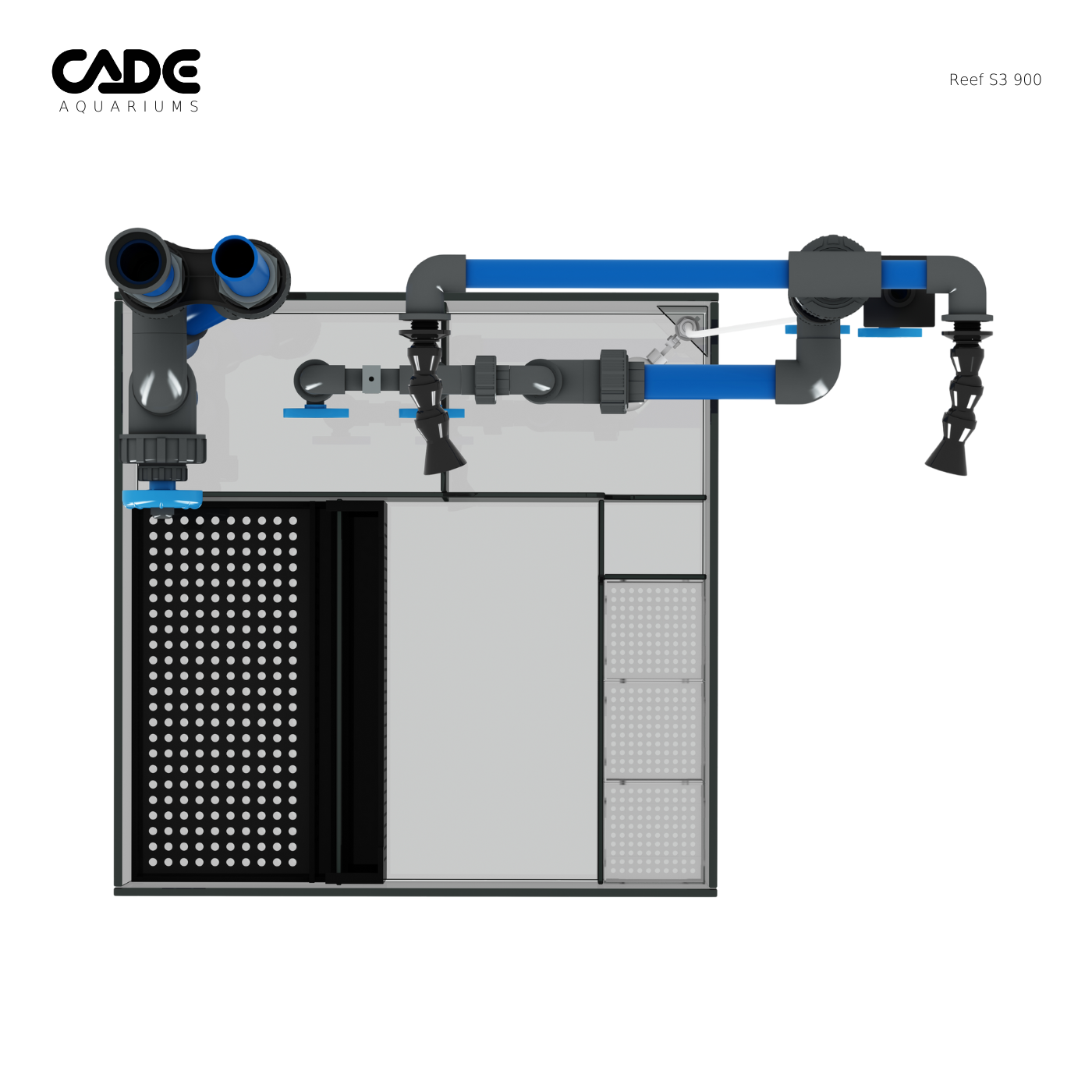 Diagram of an aquarium system with various components labeled, featuring the brand 'CADE Aquariums'.