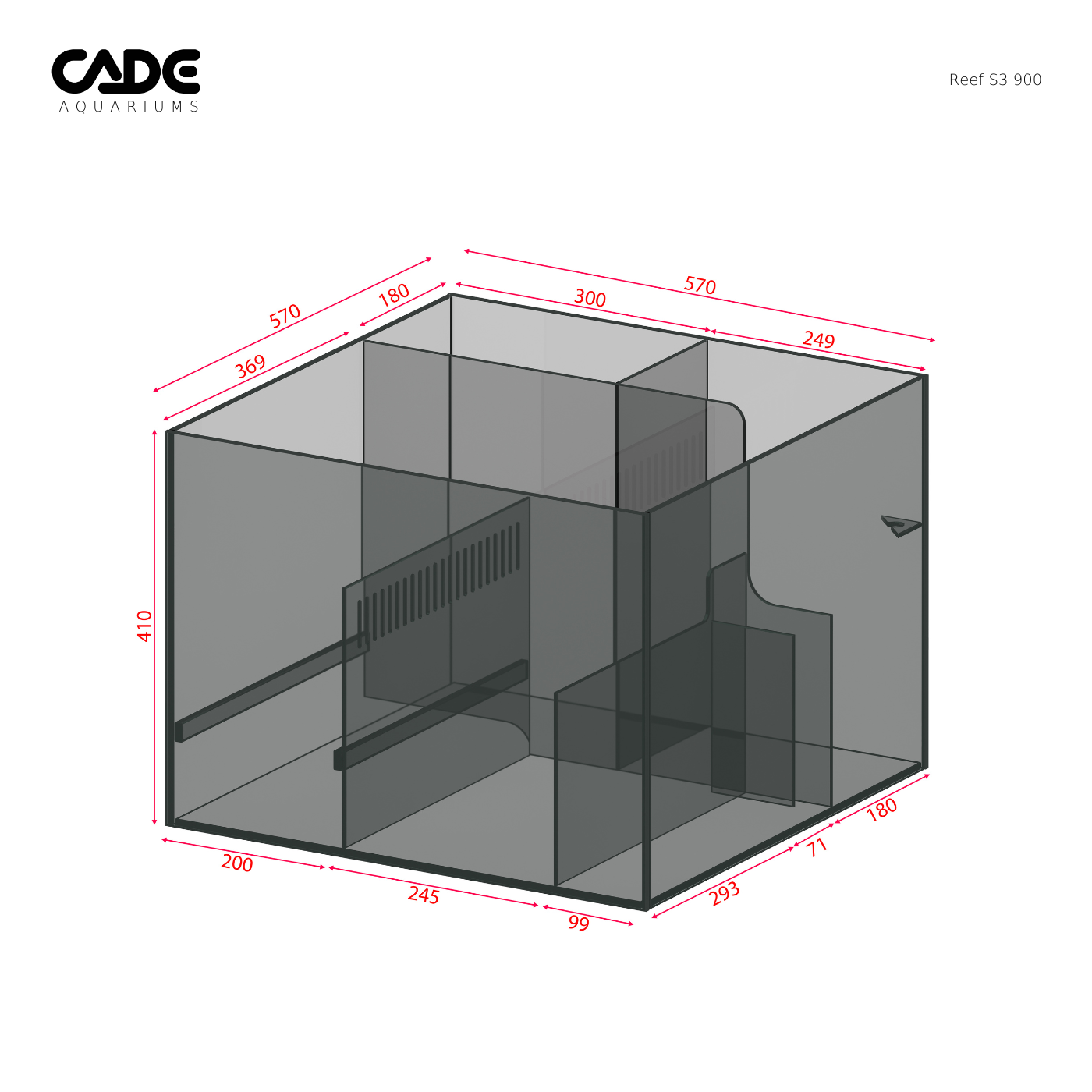 3D diagram of an aquarium with dimensions labeled, featuring the CADE Aquaria logo.