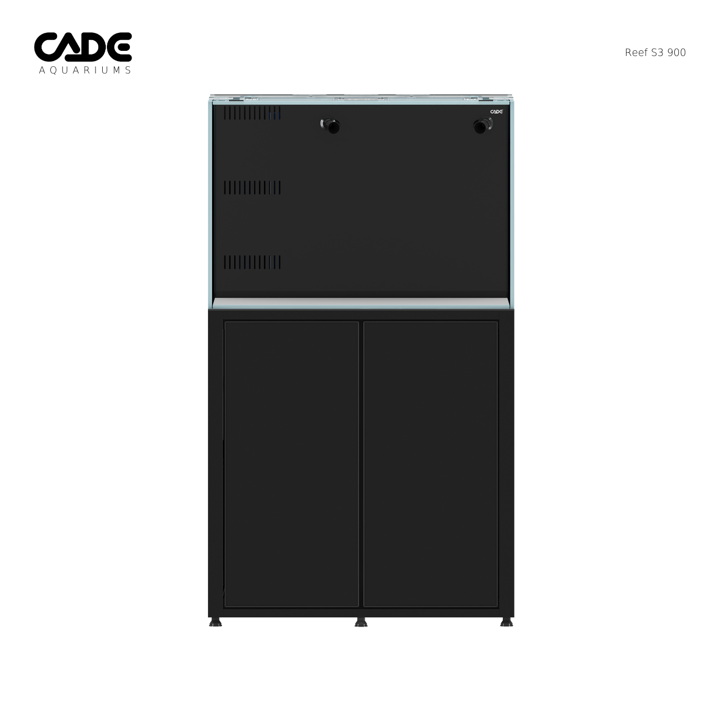 Black aquarium cabinet with 'CADE' branding on a white background