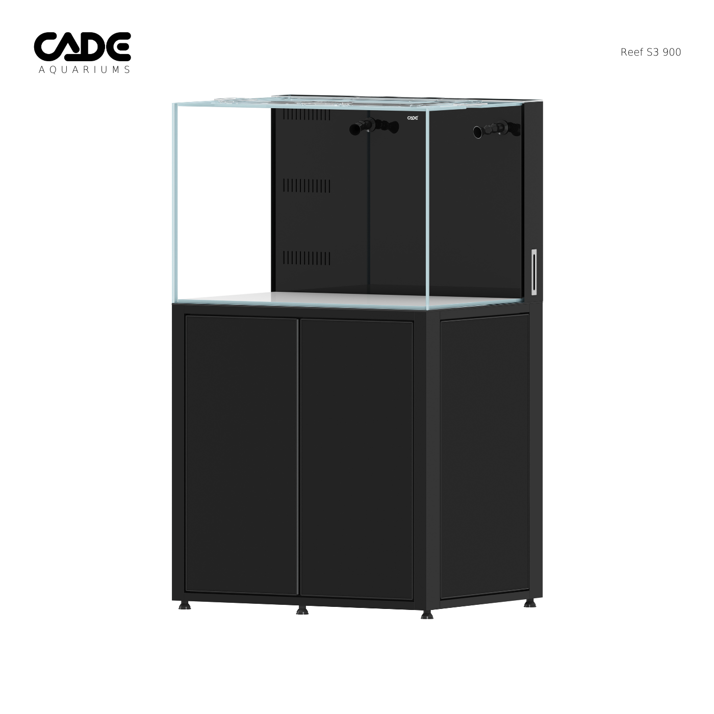 Black aquarium cabinet with glass front on a white background, featuring the CADE Aquariums logo.
