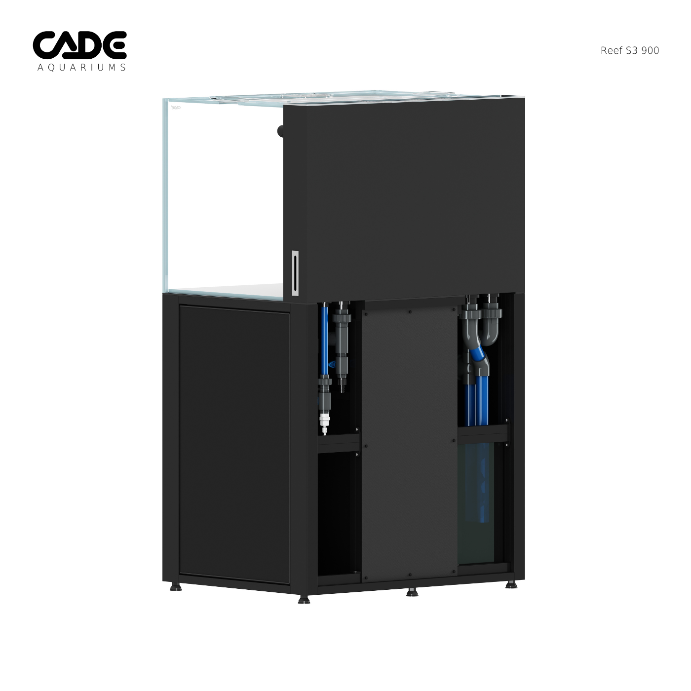 Black aquarium stand with water pumps on a white background, featuring the CADE Aquariums logo.