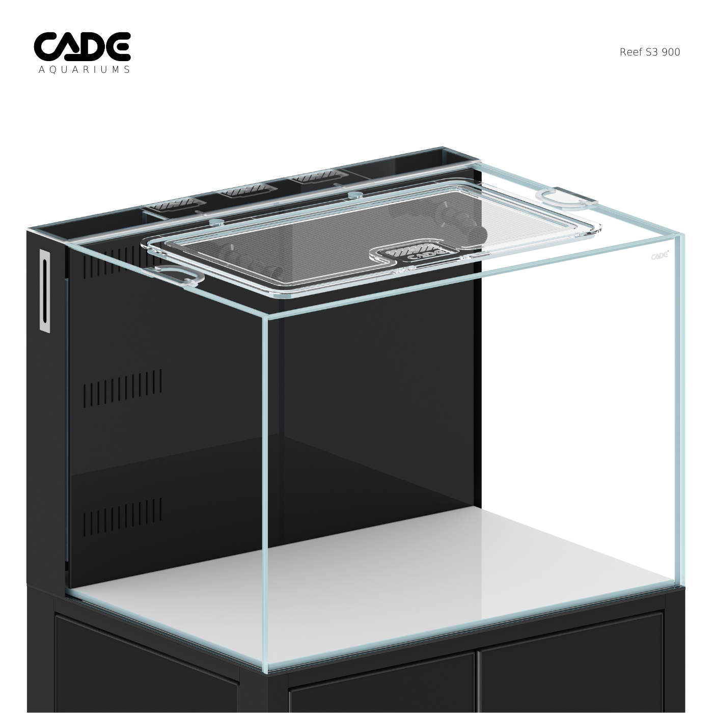 Black aquarium with glass front on a white background, featuring the CADE Aquarius brand.