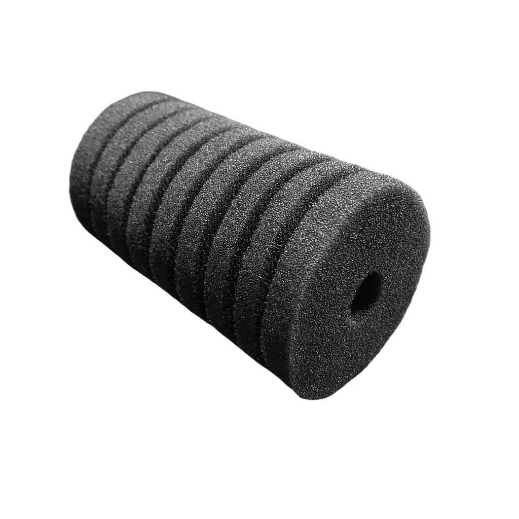 Black cylindrical foam aquarium filter sponge on a white background