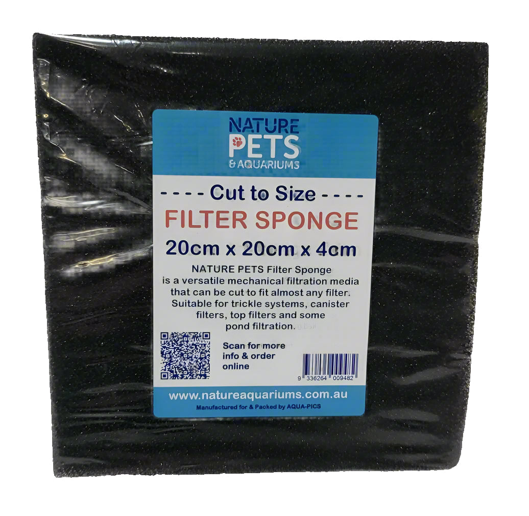 Packaged filter sponge for aquariums, branded by NATURE PETS, with dimensions specified as 20cm x 20cm x 4cm.