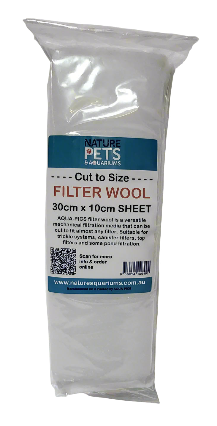 Packaged filter wool for aquarium use, labeled as 'NATURE PETS Cut to Size Filter Wool' in clear plastic packaging with a blue and white label.